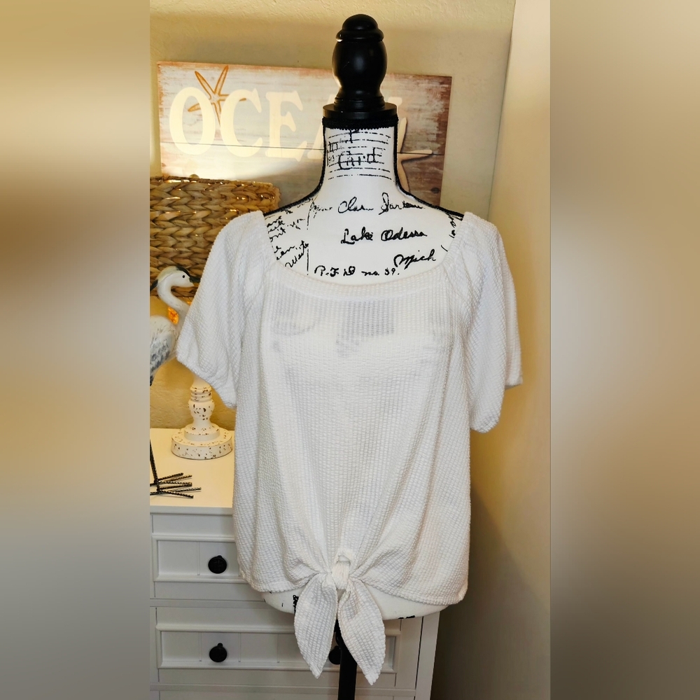 LOFT White Textured Tie-Front Blouse